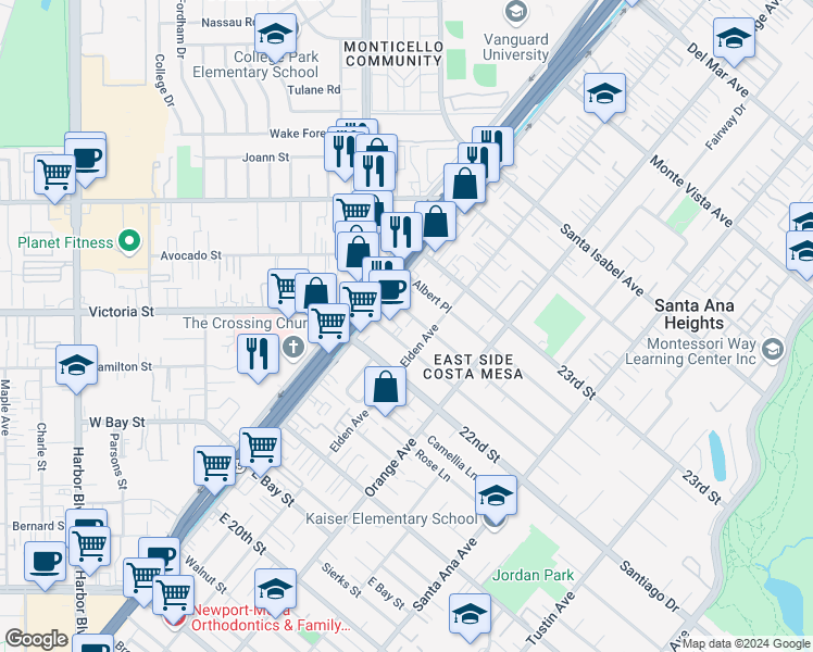 map of restaurants, bars, coffee shops, grocery stores, and more near 121 Cecil Place in Costa Mesa