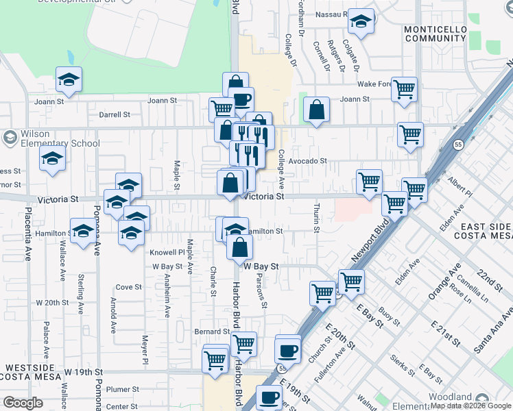 map of restaurants, bars, coffee shops, grocery stores, and more near 2145 Parsons Street in Costa Mesa