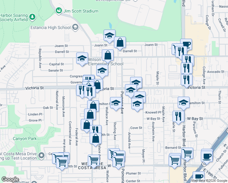 map of restaurants, bars, coffee shops, grocery stores, and more near 724 1/2 Victoria Street in Costa Mesa
