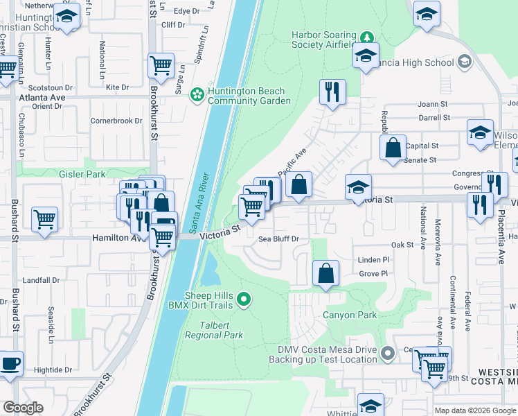 map of restaurants, bars, coffee shops, grocery stores, and more near 1132 Victoria Street in Costa Mesa
