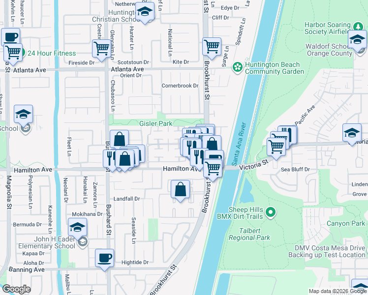 map of restaurants, bars, coffee shops, grocery stores, and more near 9861 Villa Pacific Drive in Huntington Beach