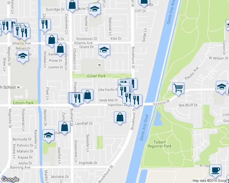 map of restaurants, bars, coffee shops, grocery stores, and more near 9861 Villa Pacific Drive in Huntington Beach