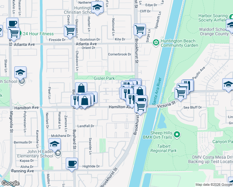 map of restaurants, bars, coffee shops, grocery stores, and more near 21351 Bay Crest Circle in Huntington Beach