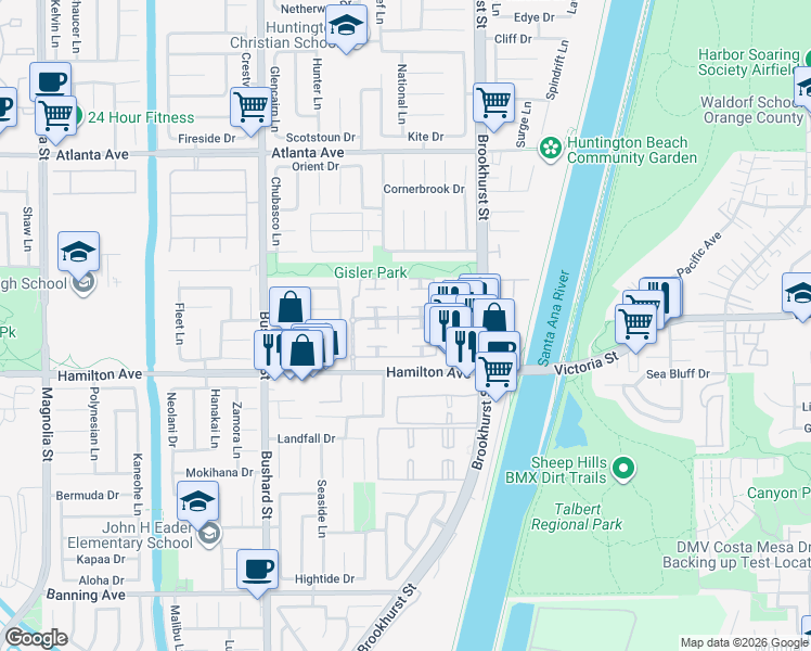 map of restaurants, bars, coffee shops, grocery stores, and more near 21351 Bay Crest Circle in Huntington Beach