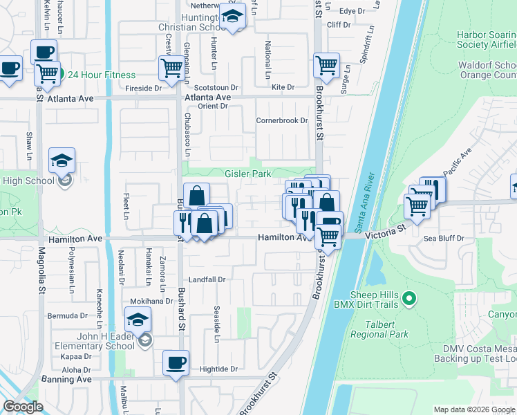 map of restaurants, bars, coffee shops, grocery stores, and more near 21351 Bay Crest Circle in Huntington Beach