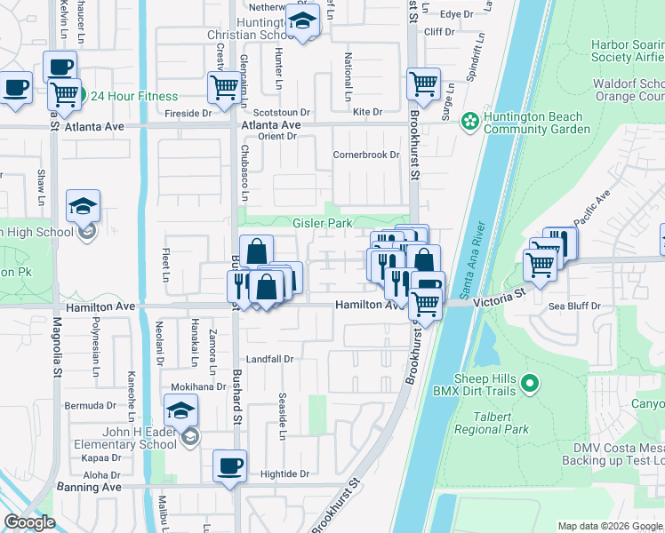 map of restaurants, bars, coffee shops, grocery stores, and more near 21351 Bay Crest Circle in Huntington Beach
