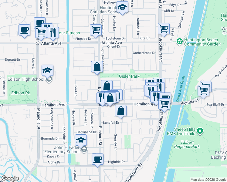 map of restaurants, bars, coffee shops, grocery stores, and more near 9622 Indian Wells Circle in Huntington Beach