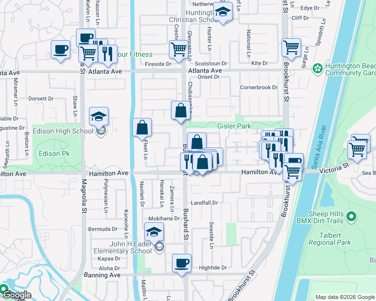 map of restaurants, bars, coffee shops, grocery stores, and more near 21332 Pinetree Lane in Huntington Beach