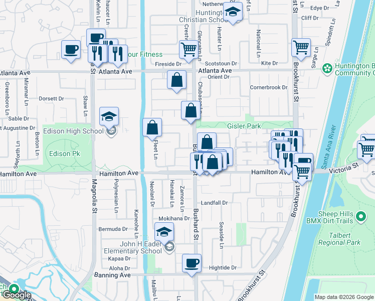 map of restaurants, bars, coffee shops, grocery stores, and more near 21341 Bulkhead Circle in Huntington Beach