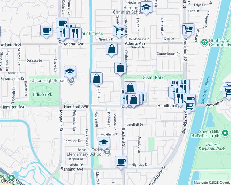 map of restaurants, bars, coffee shops, grocery stores, and more near 21341 Bulkhead Circle in Huntington Beach