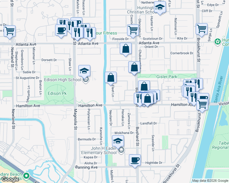 map of restaurants, bars, coffee shops, grocery stores, and more near 21341 Fleet Lane in Huntington Beach