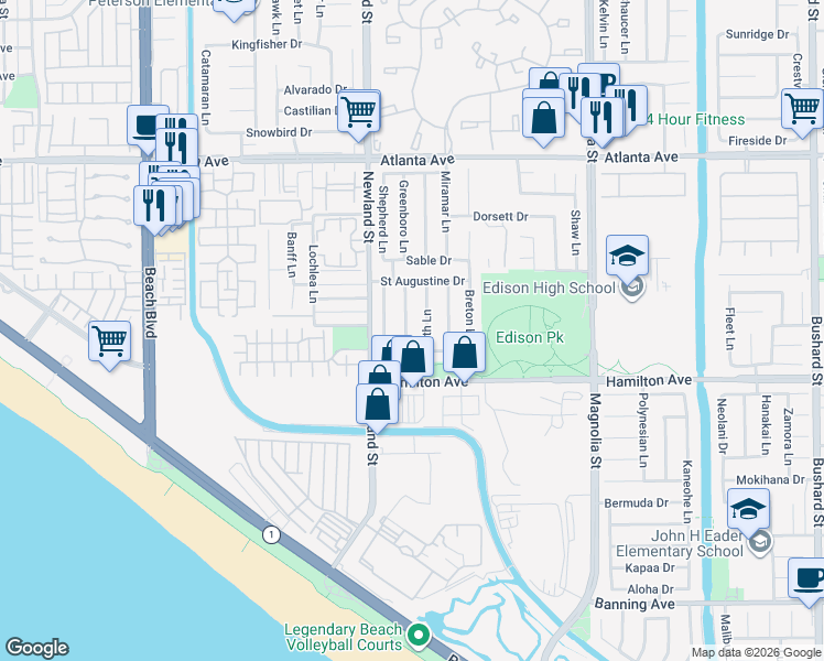map of restaurants, bars, coffee shops, grocery stores, and more near 21342 Sand Dollar Lane in Huntington Beach