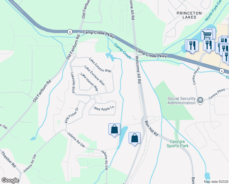map of restaurants, bars, coffee shops, grocery stores, and more near 3656 Lake Estates Way in Atlanta