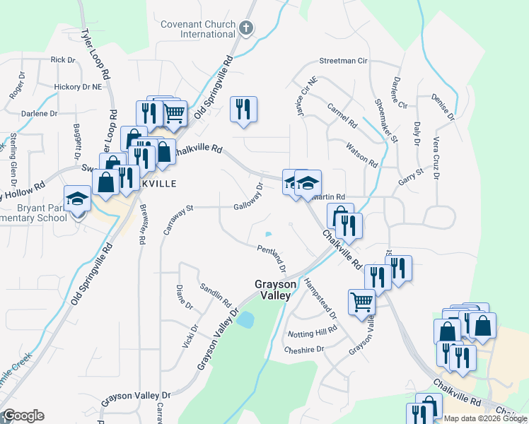 map of restaurants, bars, coffee shops, grocery stores, and more near 2305 Loch Lomond Lane in Birmingham