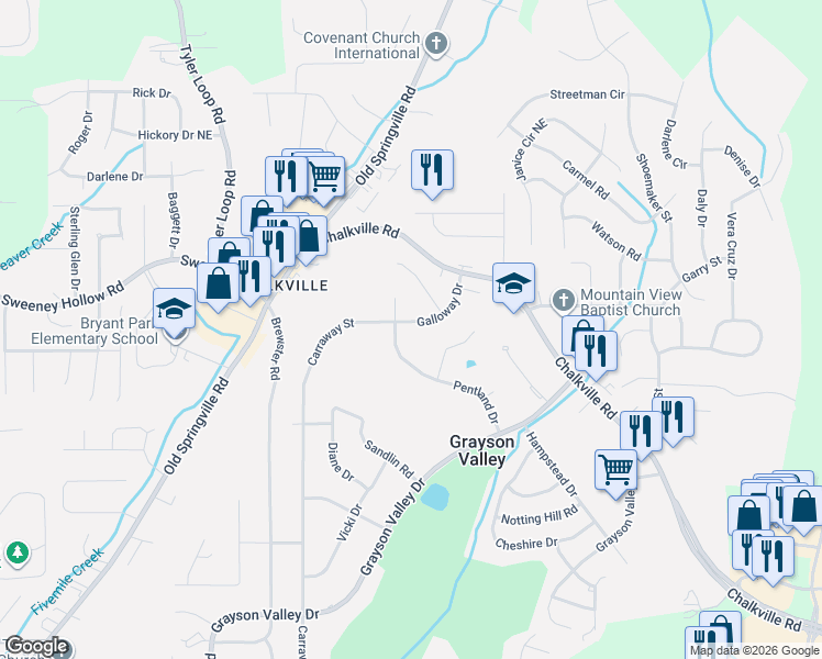 map of restaurants, bars, coffee shops, grocery stores, and more near 2400 Glenmore Court in Birmingham