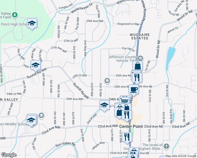 map of restaurants, bars, coffee shops, grocery stores, and more near 2521 2nd Place Northwest in Center Point