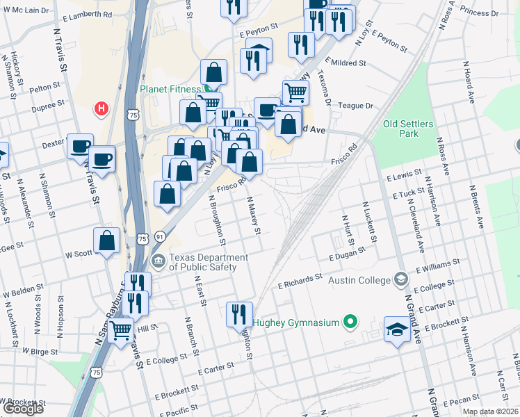 map of restaurants, bars, coffee shops, grocery stores, and more near 806 East McGee Street in Sherman