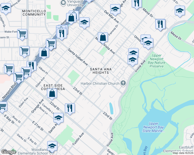 map of restaurants, bars, coffee shops, grocery stores, and more near in Costa Mesa