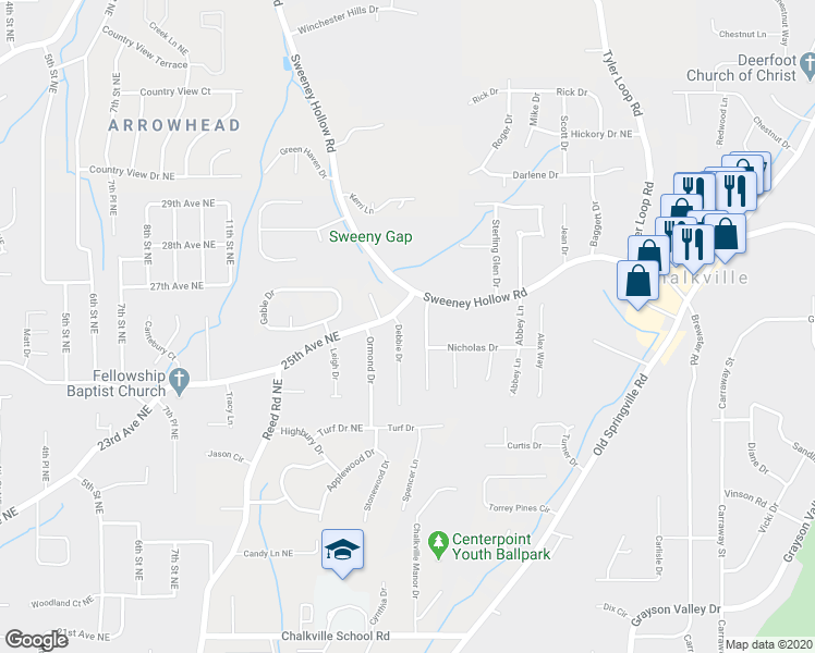 map of restaurants, bars, coffee shops, grocery stores, and more near 2445 Debbie Drive in Birmingham