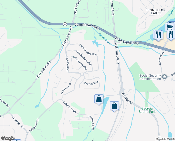 map of restaurants, bars, coffee shops, grocery stores, and more near 3750 Lake Haven Way in Atlanta