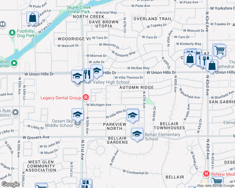 map of restaurants, bars, coffee shops, grocery stores, and more near 4820 West Bluefield Avenue in Glendale