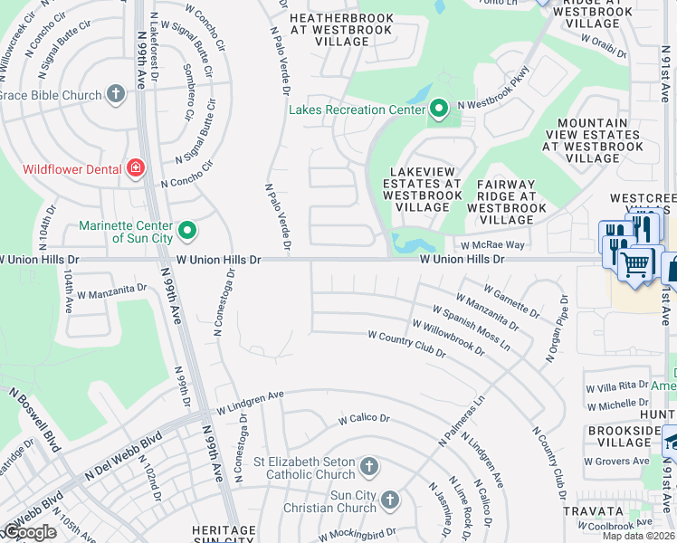 map of restaurants, bars, coffee shops, grocery stores, and more near 18419 North 98th Avenue in Sun City