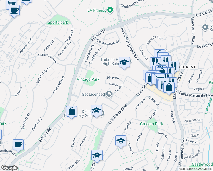 map of restaurants, bars, coffee shops, grocery stores, and more near 27302 Osuna in Mission Viejo