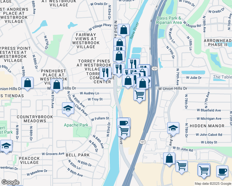 map of restaurants, bars, coffee shops, grocery stores, and more near 18528 North 83rd Avenue in Peoria