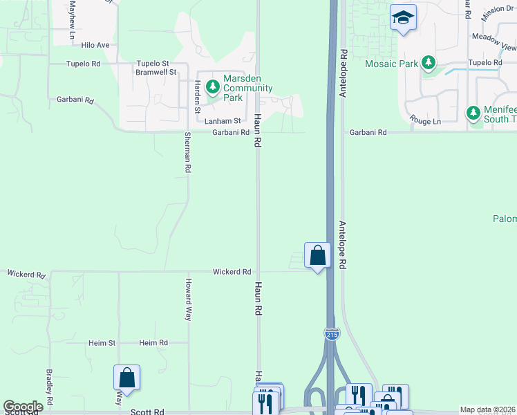 map of restaurants, bars, coffee shops, grocery stores, and more near 32251 Haun Road in Menifee