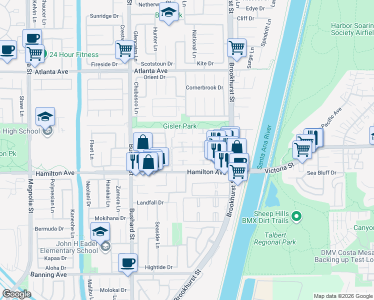 map of restaurants, bars, coffee shops, grocery stores, and more near 21351 Bay Crest Circle in Huntington Beach