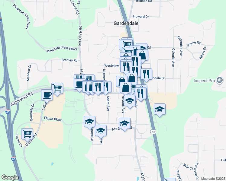 map of restaurants, bars, coffee shops, grocery stores, and more near 308 Fieldstown Road in Gardendale
