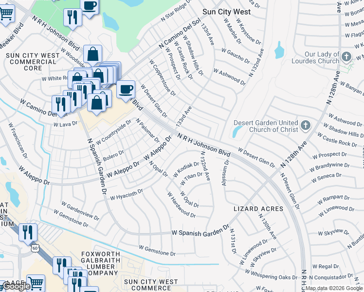 map of restaurants, bars, coffee shops, grocery stores, and more near 13213 West Aleppo Drive in Sun City West