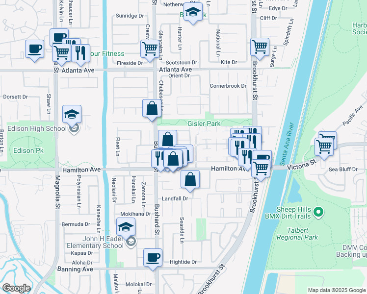 map of restaurants, bars, coffee shops, grocery stores, and more near 21372 Pensacola Circle in Huntington Beach
