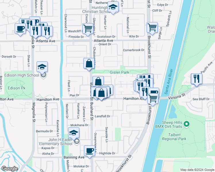 map of restaurants, bars, coffee shops, grocery stores, and more near 21372 Pensacola Circle in Huntington Beach