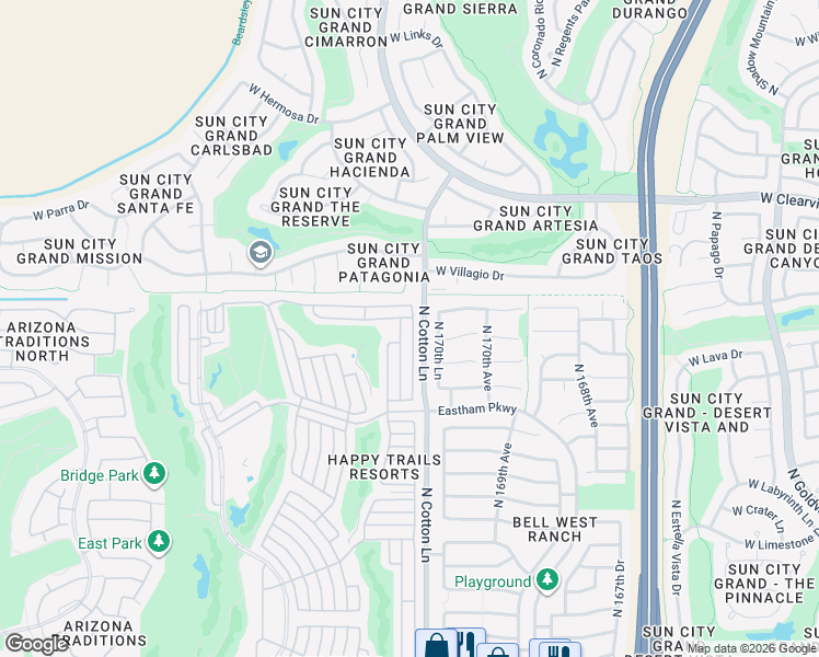 map of restaurants, bars, coffee shops, grocery stores, and more near Palo Verde in Surprise