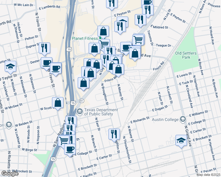 map of restaurants, bars, coffee shops, grocery stores, and more near 620 East McGee Street in Sherman