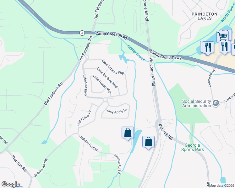 map of restaurants, bars, coffee shops, grocery stores, and more near 3748 Lake Enclave Way in Atlanta