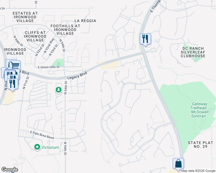 map of restaurants, bars, coffee shops, grocery stores, and more near 18427 North 97th Place in Scottsdale