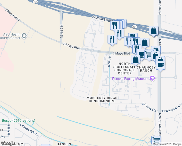 map of restaurants, bars, coffee shops, grocery stores, and more near 18243 North 66th Street in Phoenix