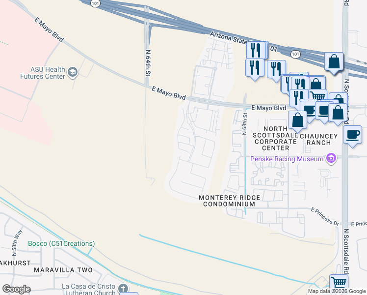 map of restaurants, bars, coffee shops, grocery stores, and more near 18310 65th Way in Phoenix