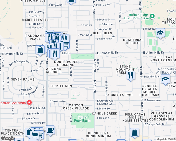 map of restaurants, bars, coffee shops, grocery stores, and more near 1118 East Bluefield Avenue in Phoenix