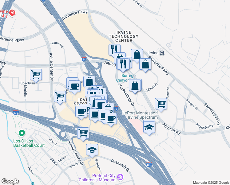map of restaurants, bars, coffee shops, grocery stores, and more near 27 Technology Drive in Irvine
