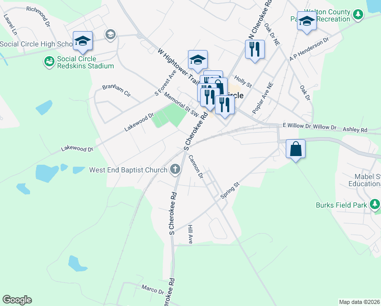 map of restaurants, bars, coffee shops, grocery stores, and more near 340 Cannon Drive in Social Circle