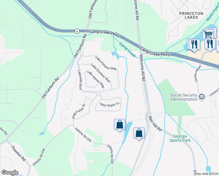 map of restaurants, bars, coffee shops, grocery stores, and more near 3748 Lake Enclave Way in Atlanta