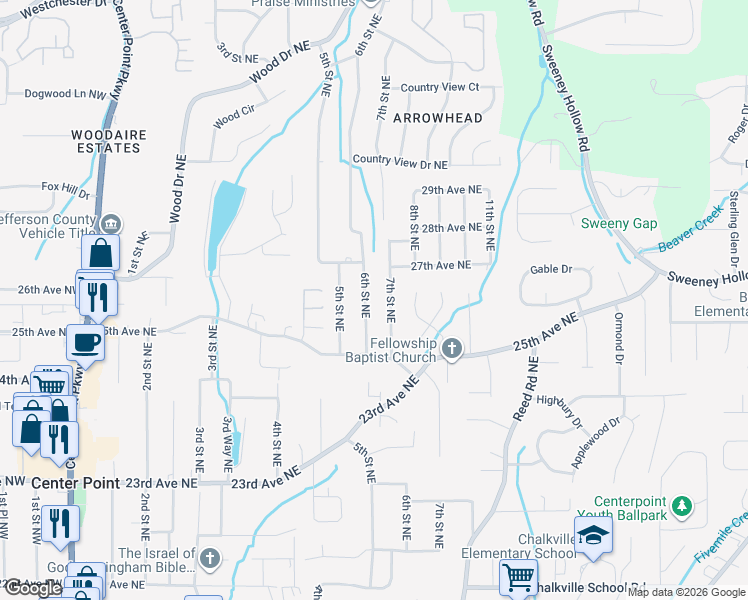 map of restaurants, bars, coffee shops, grocery stores, and more near 2528 6th Street Northeast in Center Point