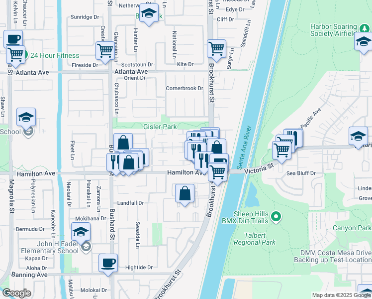 map of restaurants, bars, coffee shops, grocery stores, and more near 9846 Villa Pacific Drive in Huntington Beach