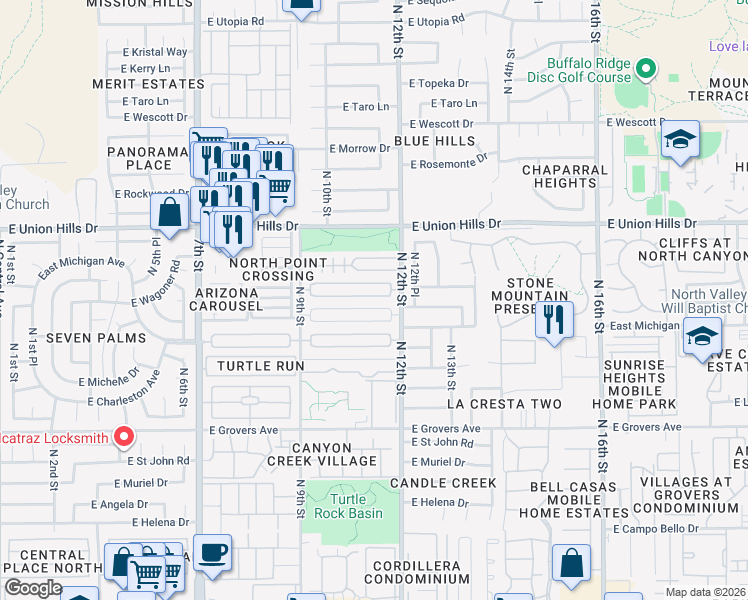 map of restaurants, bars, coffee shops, grocery stores, and more near 1118 East Bluefield Avenue in Phoenix