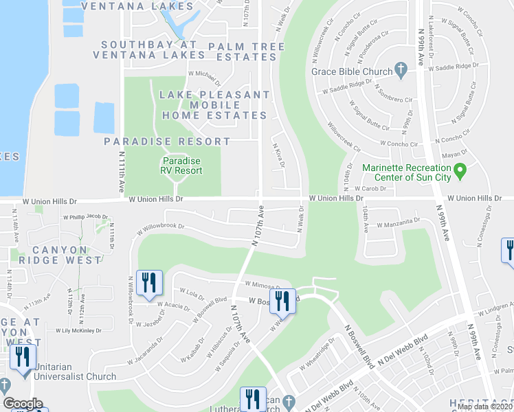 map of restaurants, bars, coffee shops, grocery stores, and more near 10702 West Garnette Drive in Sun City