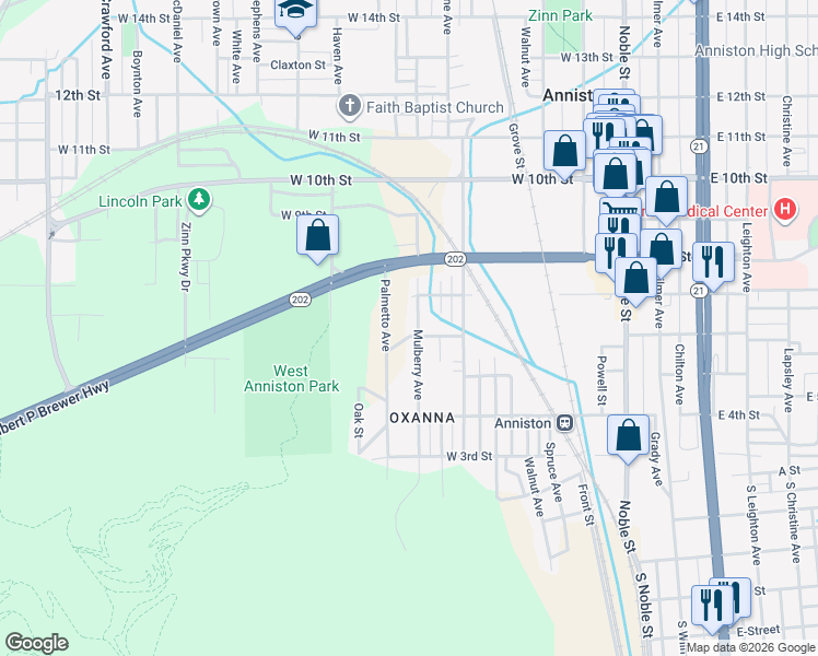 map of restaurants, bars, coffee shops, grocery stores, and more near 609 Mulberry Avenue in Anniston