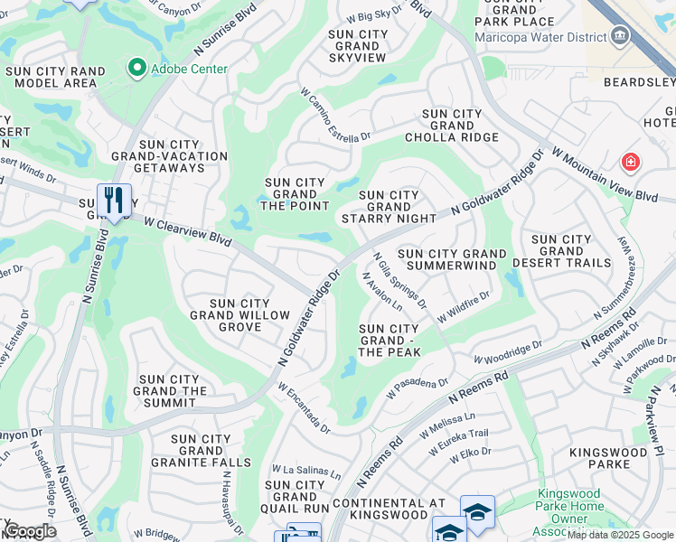 map of restaurants, bars, coffee shops, grocery stores, and more near West Goldwater Ridge Drive in Surprise